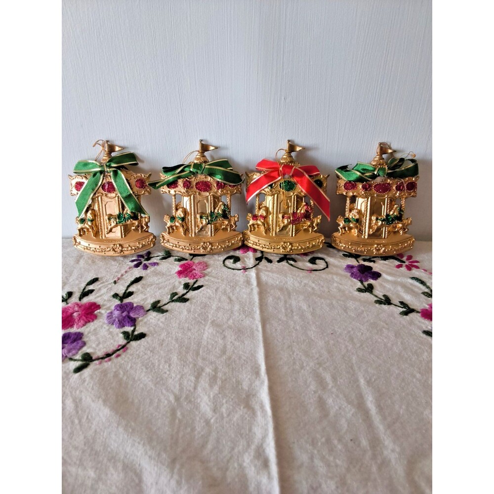 Vintage Merry-Go-Round Carousel Christmas Holiday Ornaments Set of 4 Gold Green